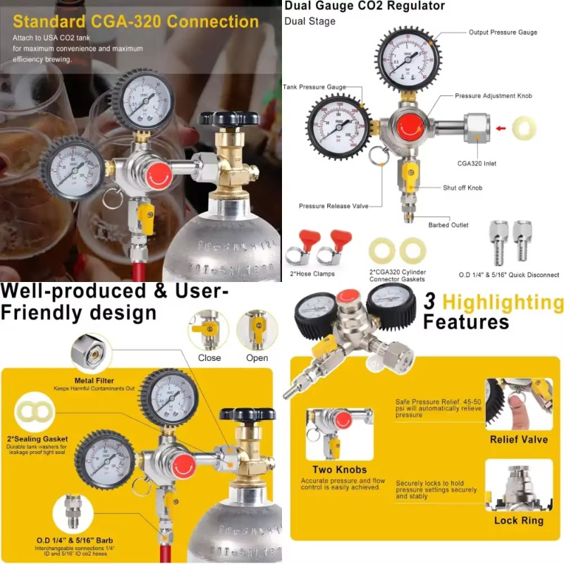 Co2 Regulator Dual Stage - ケゲレーター用デュアルゲージCO2タンクレギュレーター、CGA-320パーツビールケグレギュレーター、1/4インチ5/16インチ付きデュアルステージCO2レギュレーター