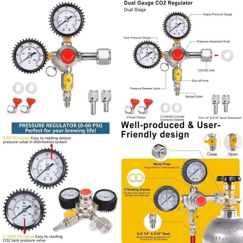 Co2 Regulator Dual Stage - CO2レギュレーター ドラフトビールレギュレーター 60PSI出力圧力 デュアルステージ ケゲレーター CO2レギュレーター